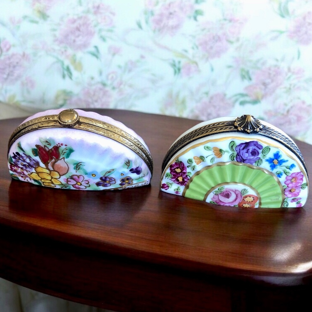 Set 2 Limoges France Porcelain Fan Purse Shaped Trinket Box Hand Painted Floral